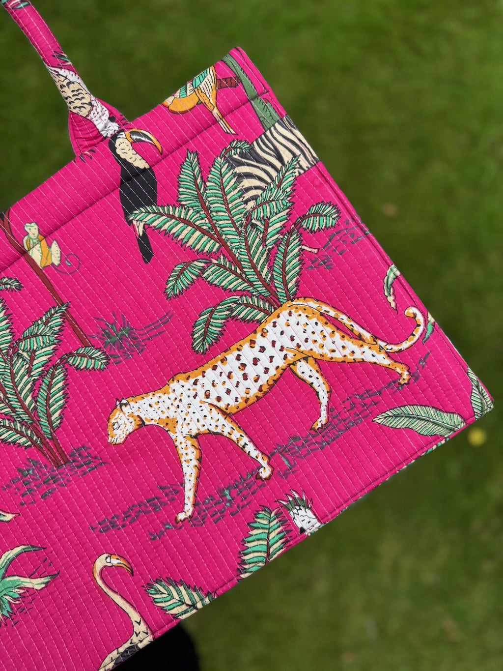 Wild Savanna Tote - Pink Jungle Print Cotton Quilted Tote Bag
