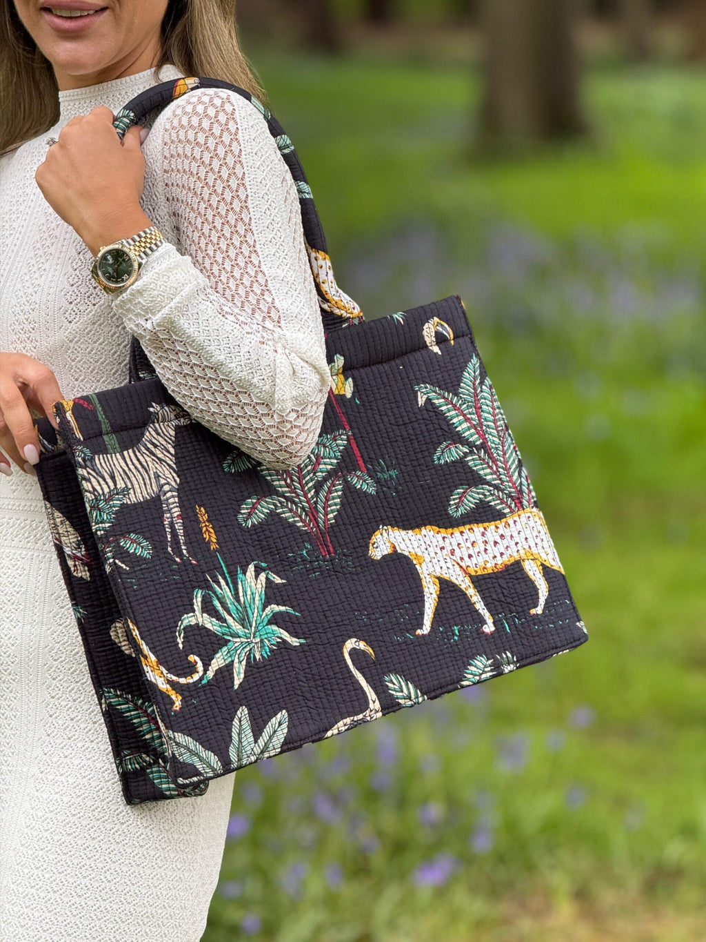 Wild Savanna Tote - Black Jungle Print Cotton Quilted Tote Bag