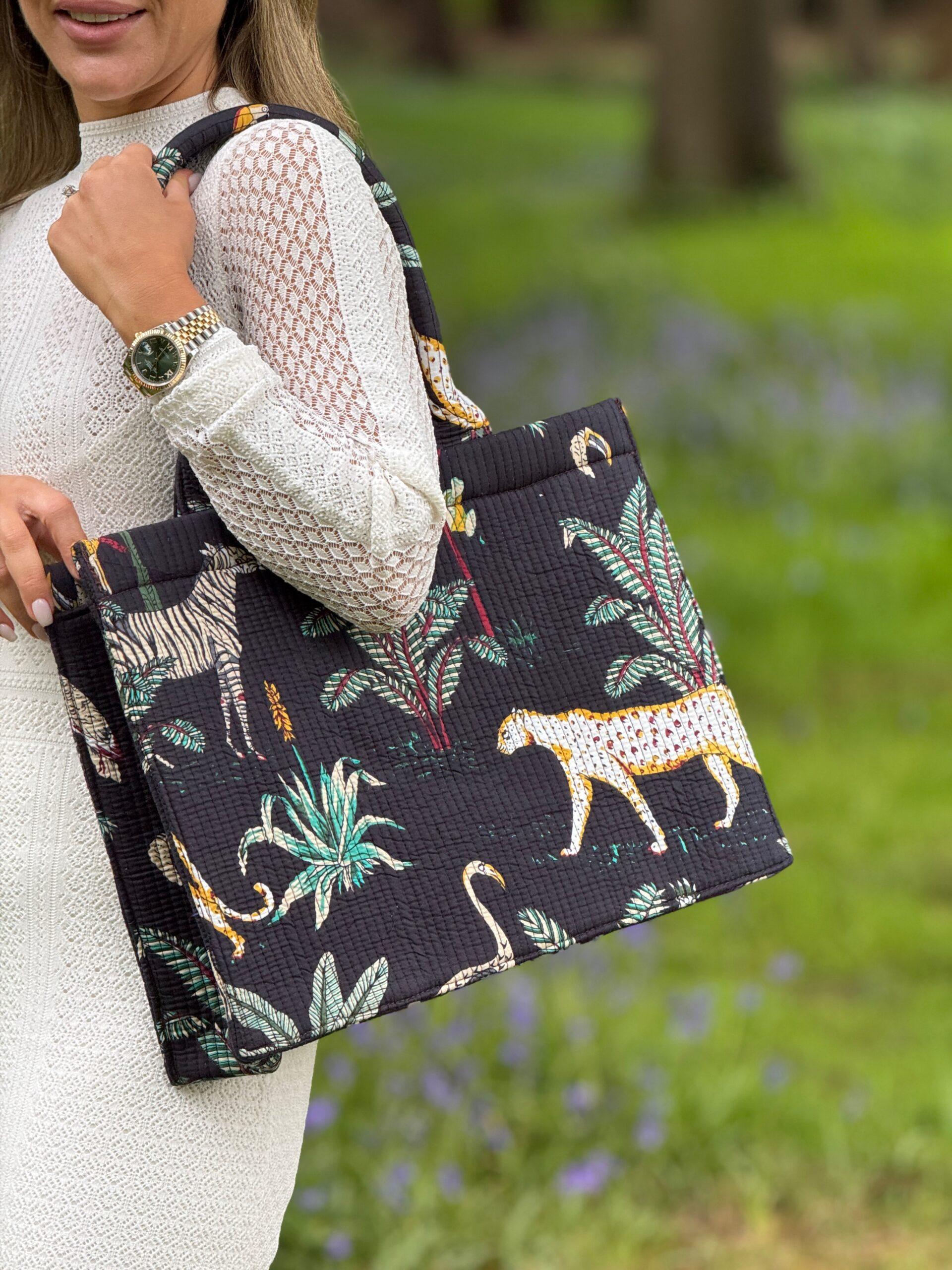 Wild Savanna Tote - Black Jungle Print Cotton Quilted Tote Bag