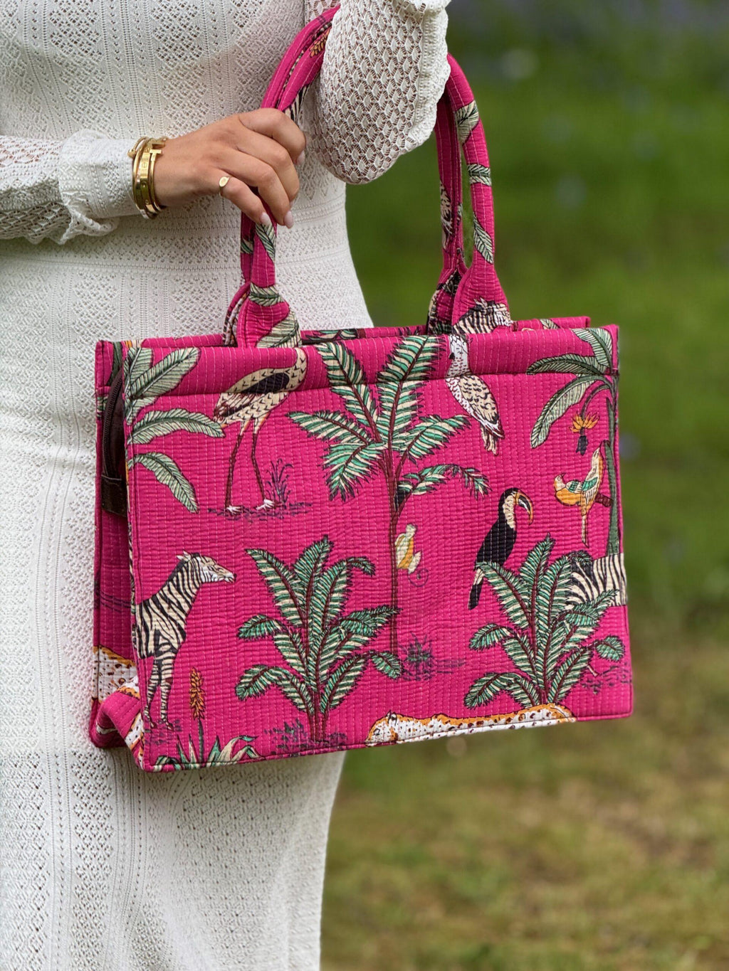 Wild Savanna Tote - Pink Jungle Print Cotton Quilted Tote Bag