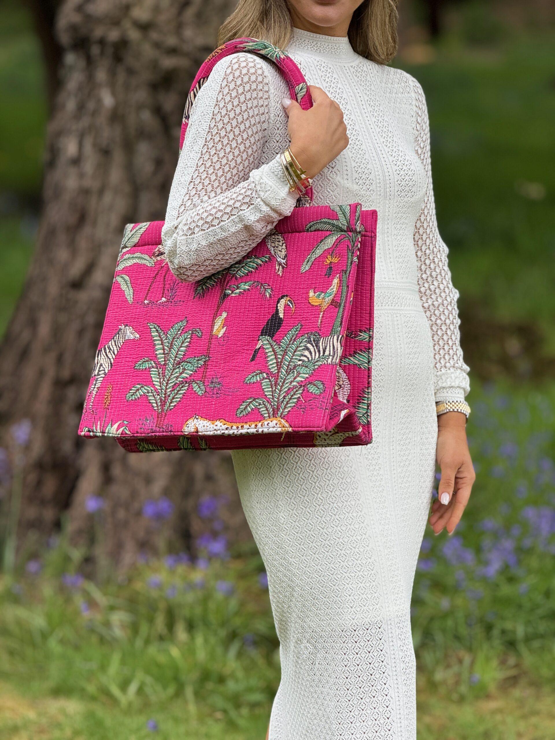 Wild Savanna Tote - Pink Jungle Print Cotton Quilted Tote Bag