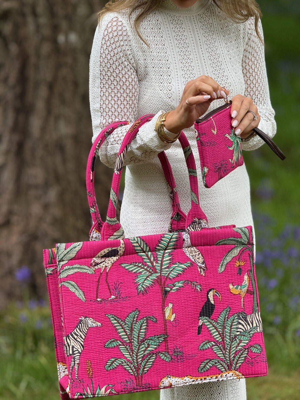 Wild Savanna Tote - Pink Jungle Print Cotton Quilted Tote Bag