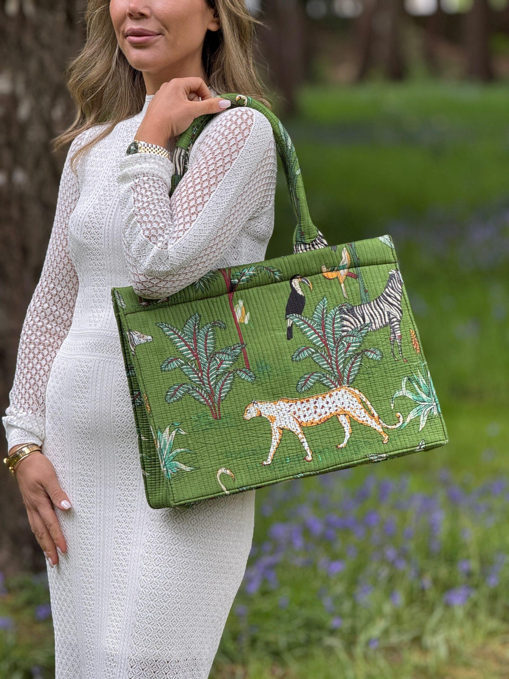 Wild Savanna Tote - Green Jungle Print Cotton Quilted Tote Bag