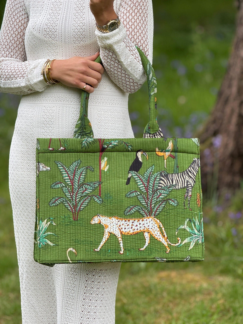 Wild Savanna Tote - Green Jungle Print Cotton Quilted Tote Bag