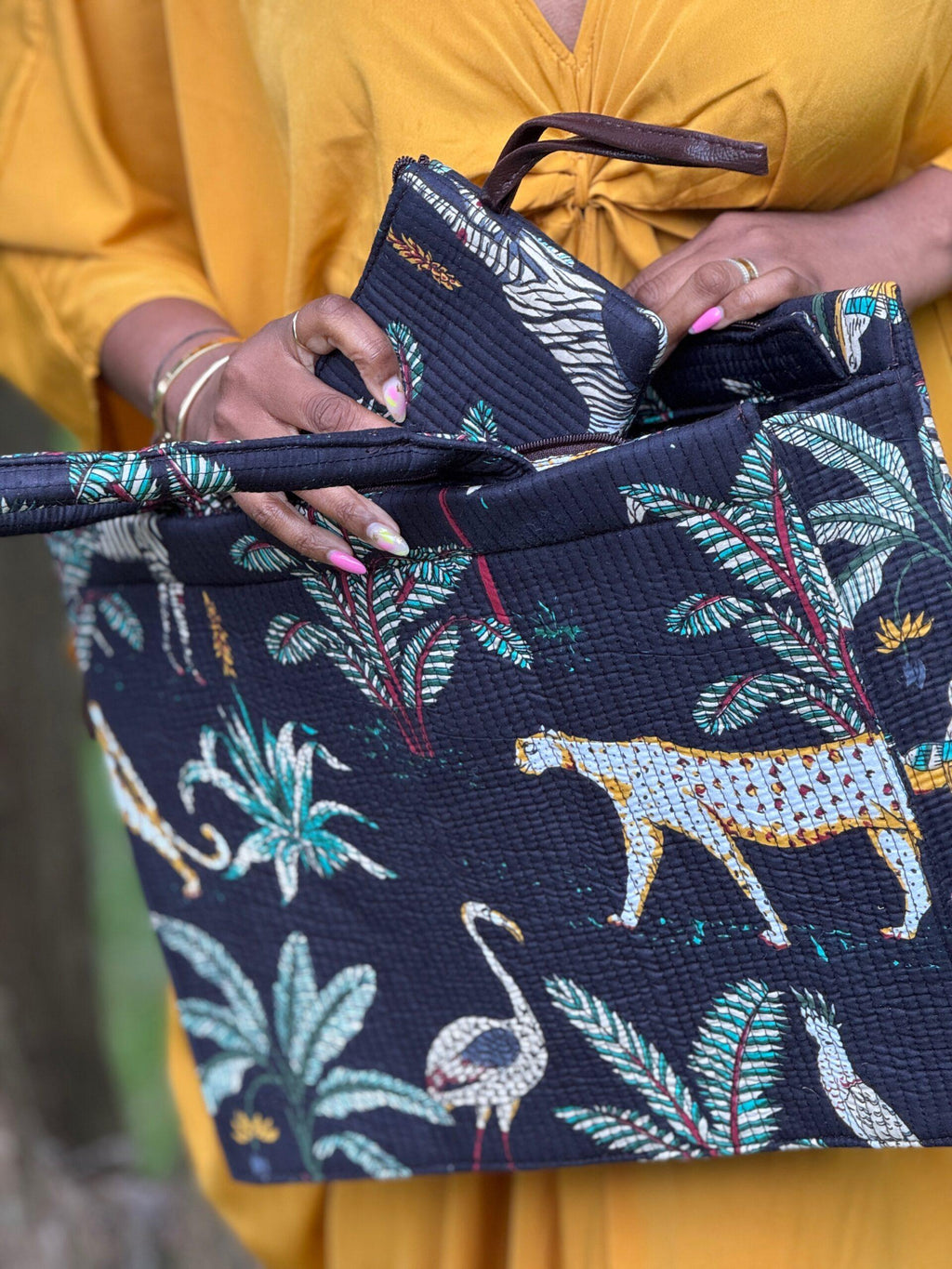 Wild Savanna Tote - Black Jungle Print Cotton Quilted Tote Bag