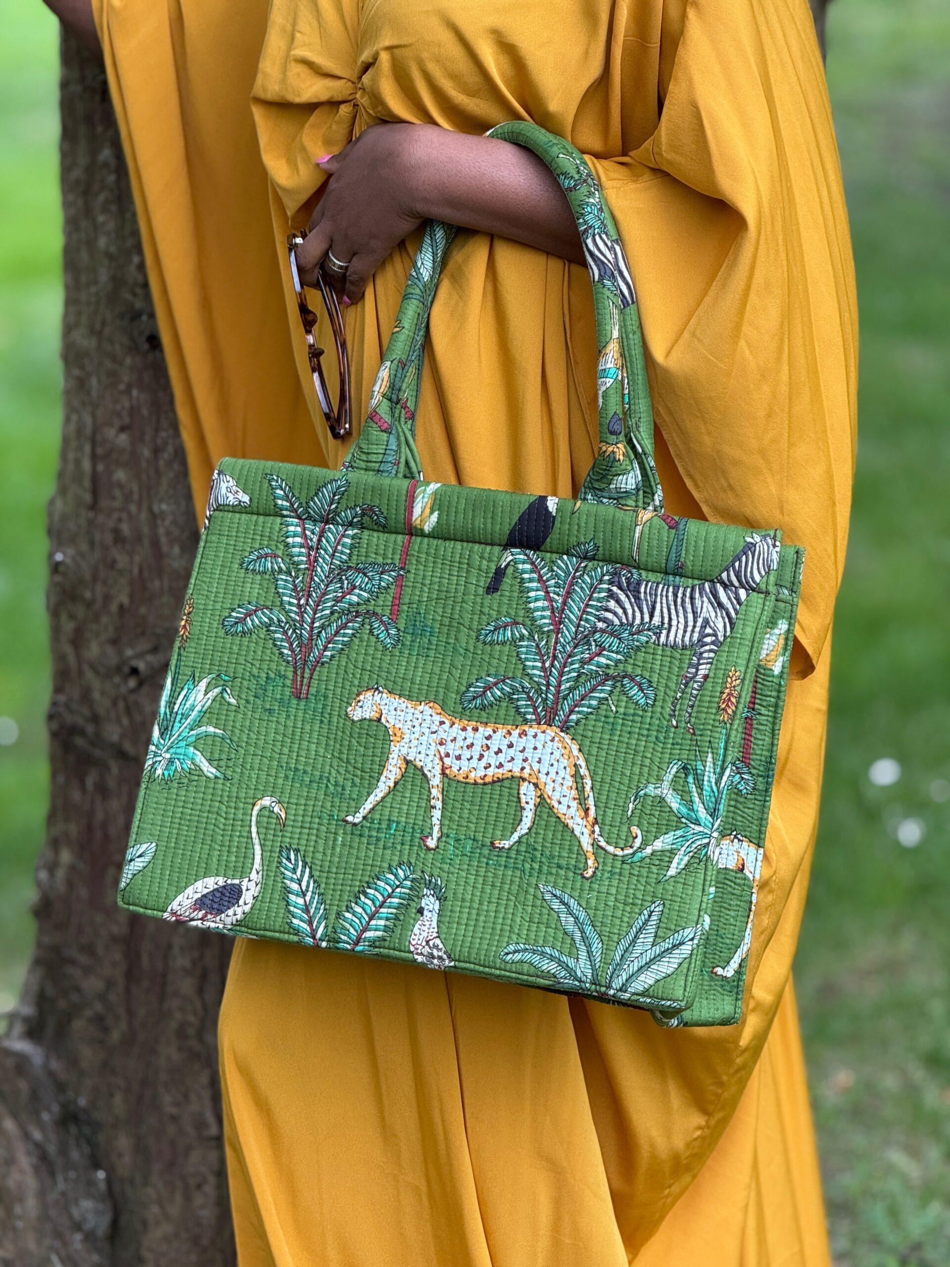 Wild Savanna Tote - Green Jungle Print Cotton Quilted Tote Bag