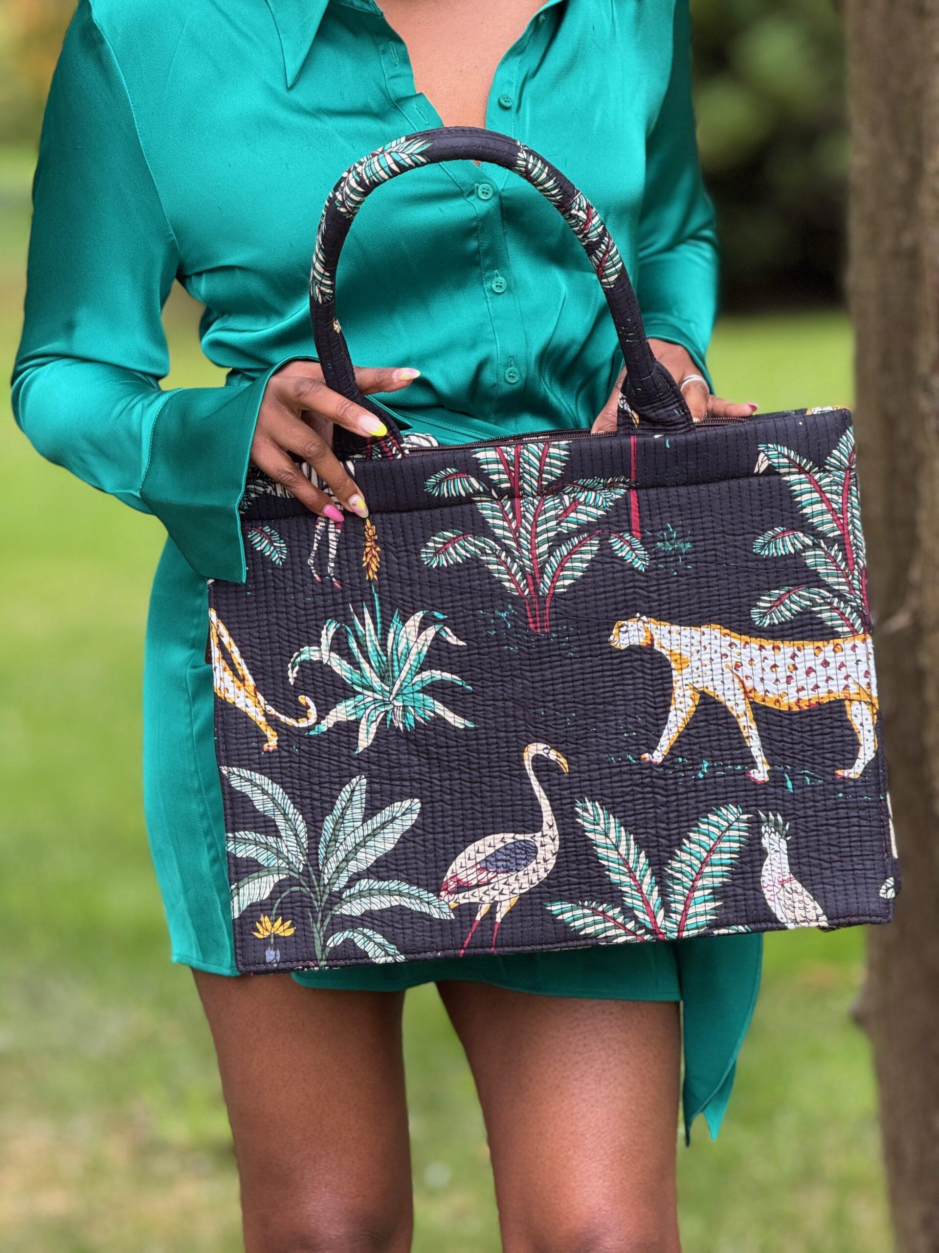 Wild Savanna Tote - Black Jungle Print Cotton Quilted Tote Bag