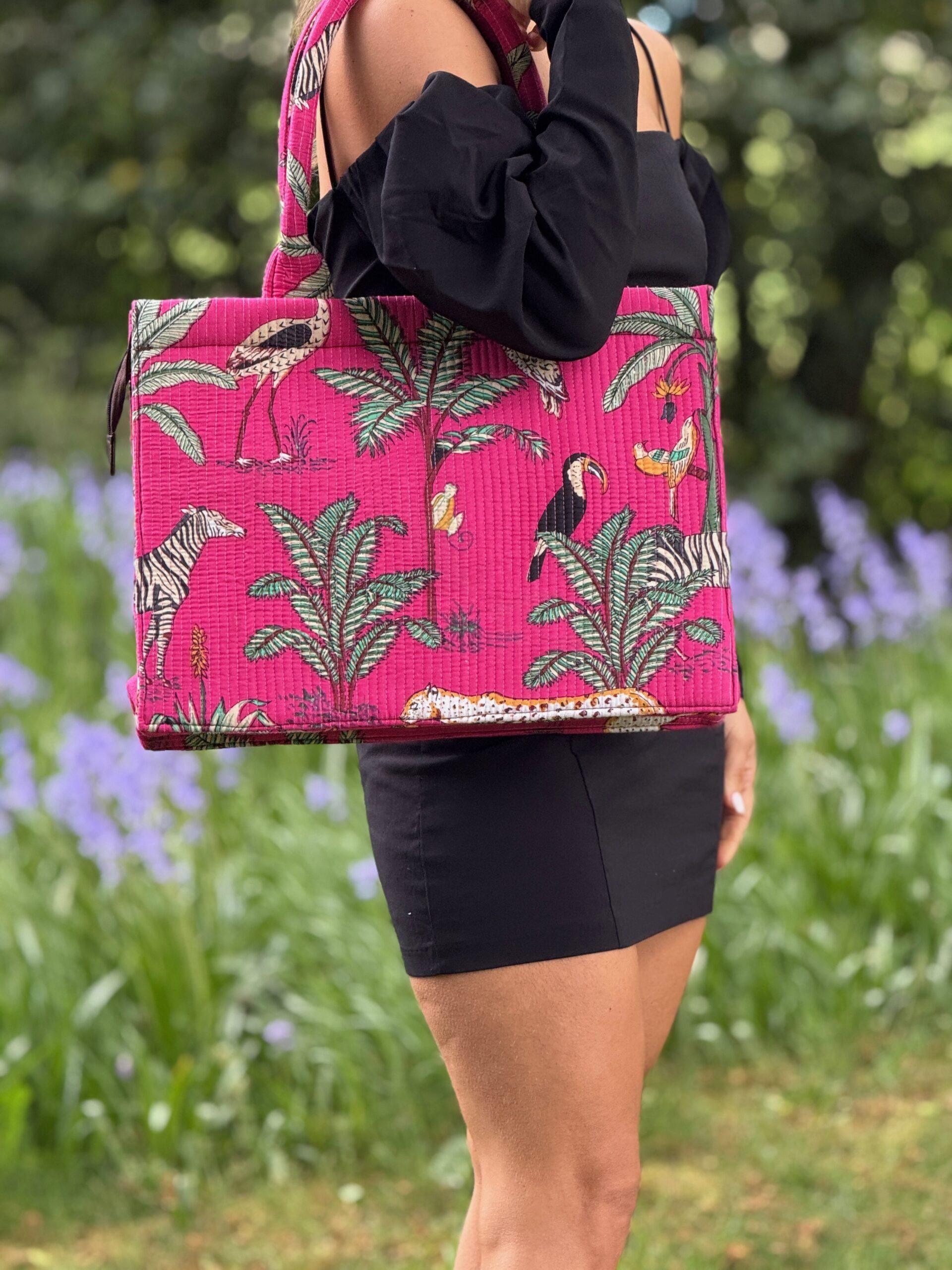 Wild Savanna Tote - Pink Jungle Print Cotton Quilted Tote Bag
