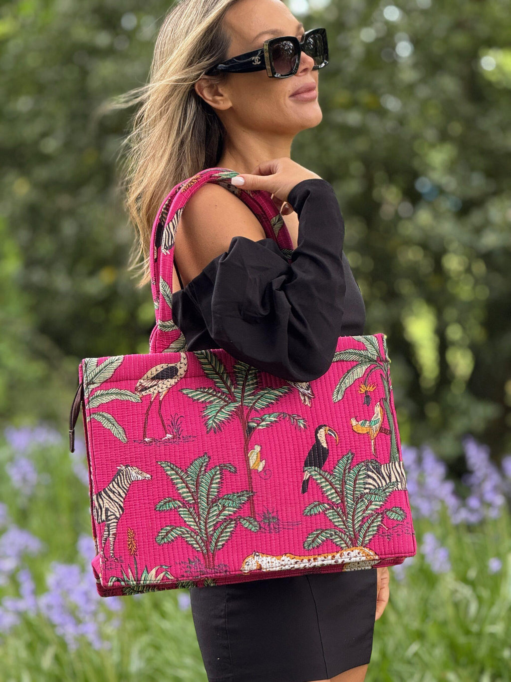 Wild Savanna Tote - Pink Jungle Print Cotton Quilted Tote Bag