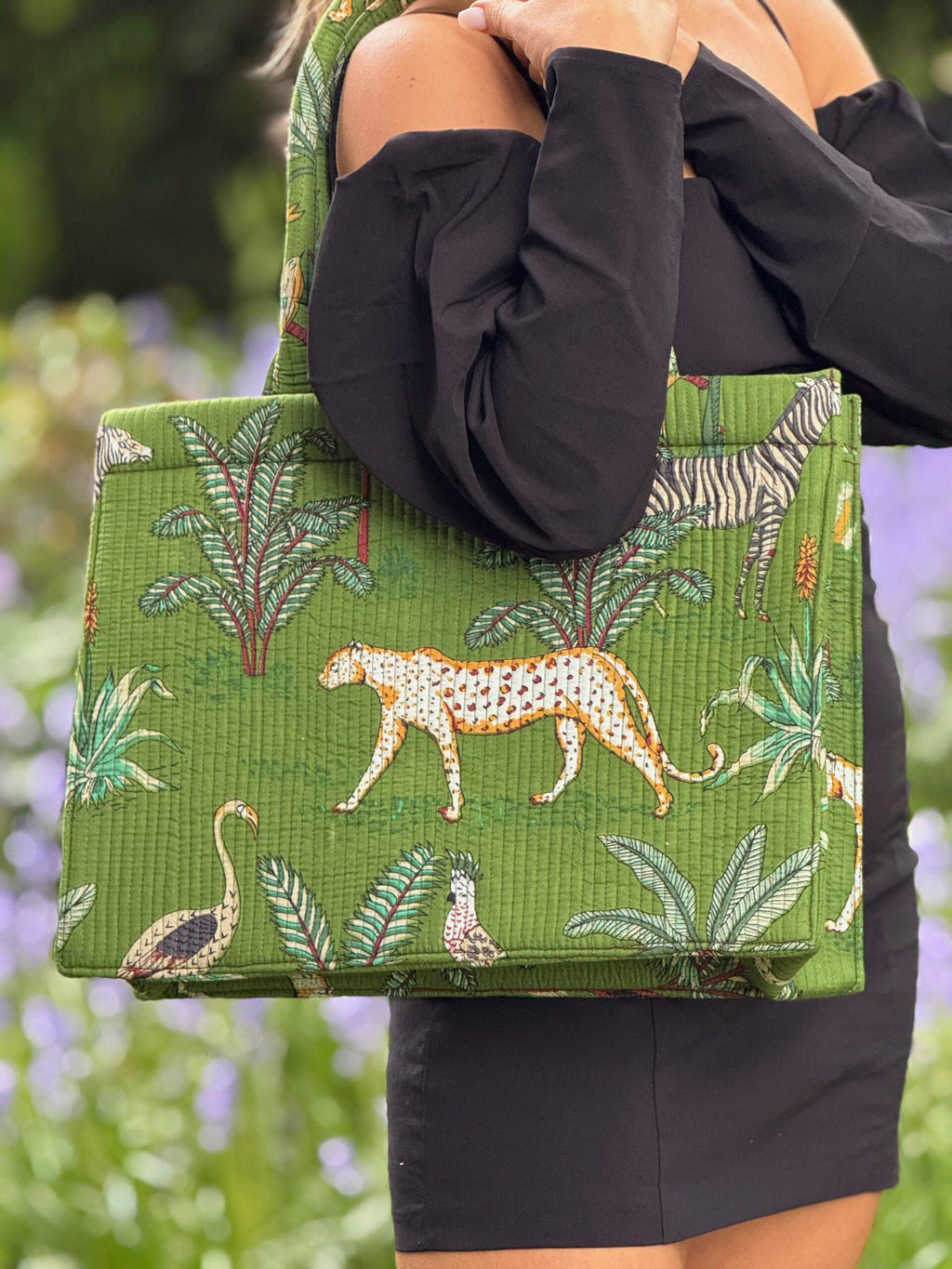 Wild Savanna Tote - Green Jungle Print Cotton Quilted Tote Bag