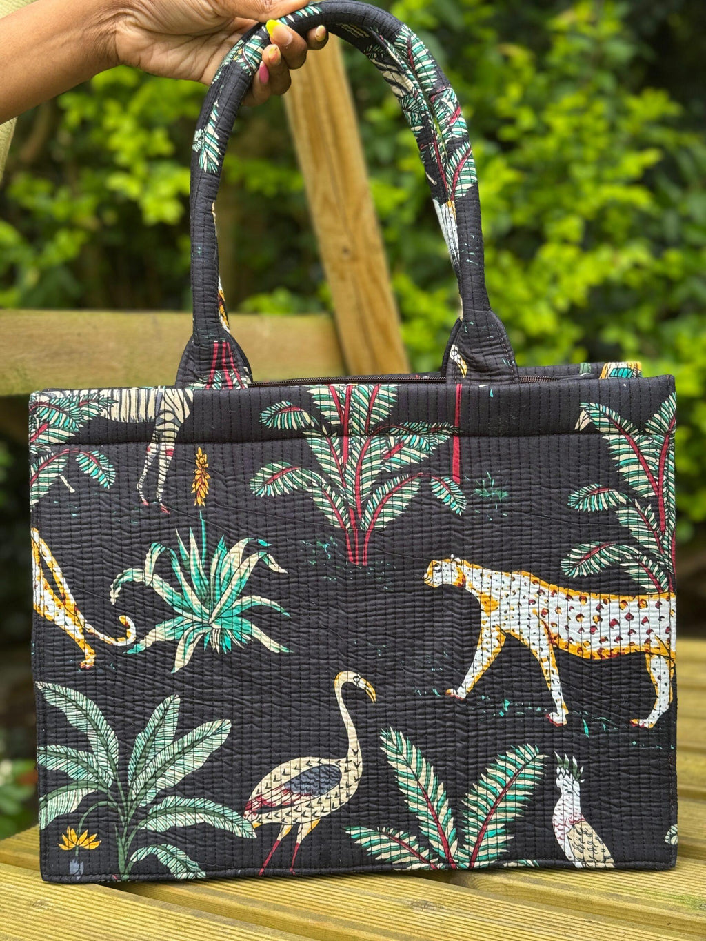 Wild Savanna Tote - Black Jungle Print Cotton Quilted Tote Bag