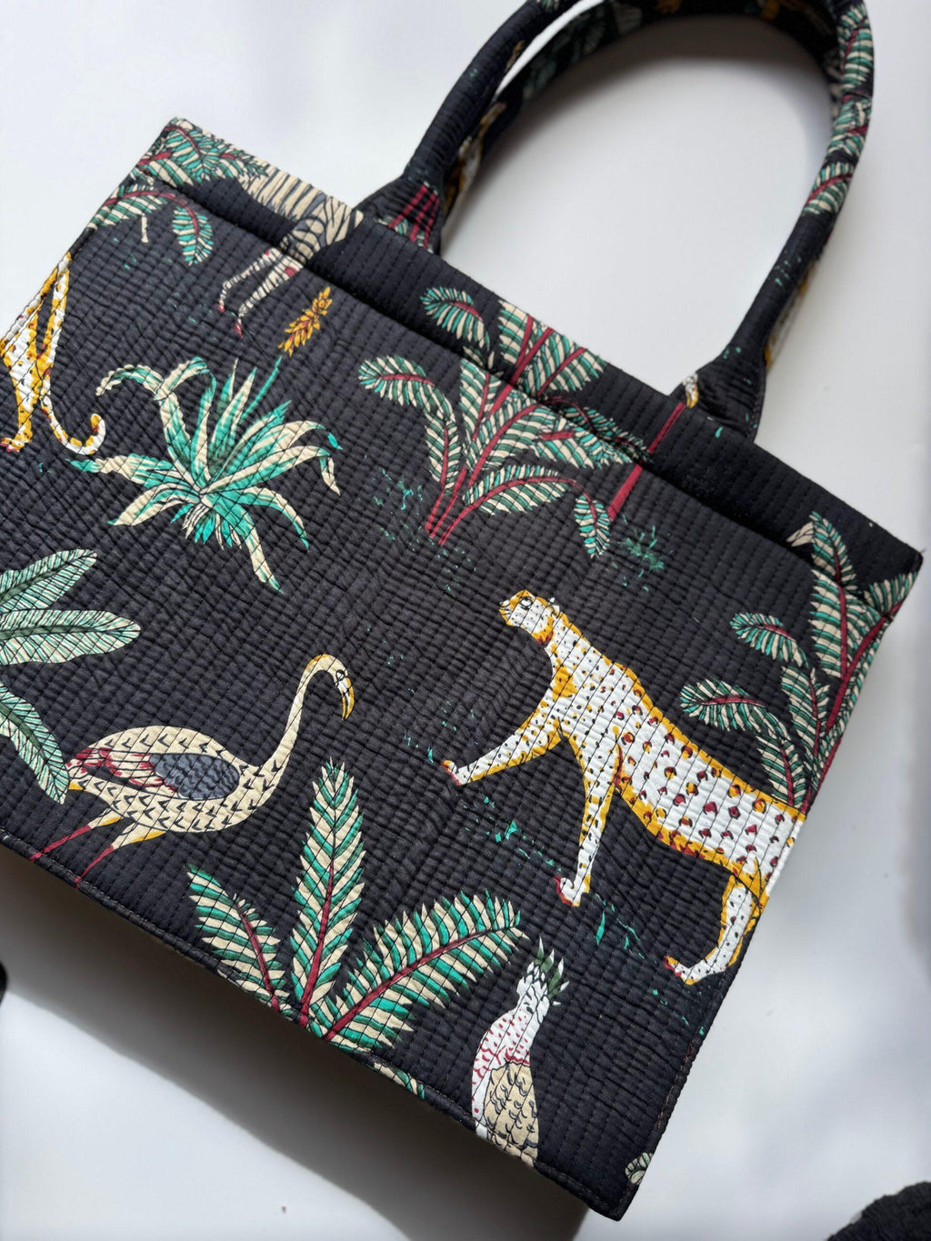 Wild Savanna Tote - Black Jungle Print Cotton Quilted Tote Bag