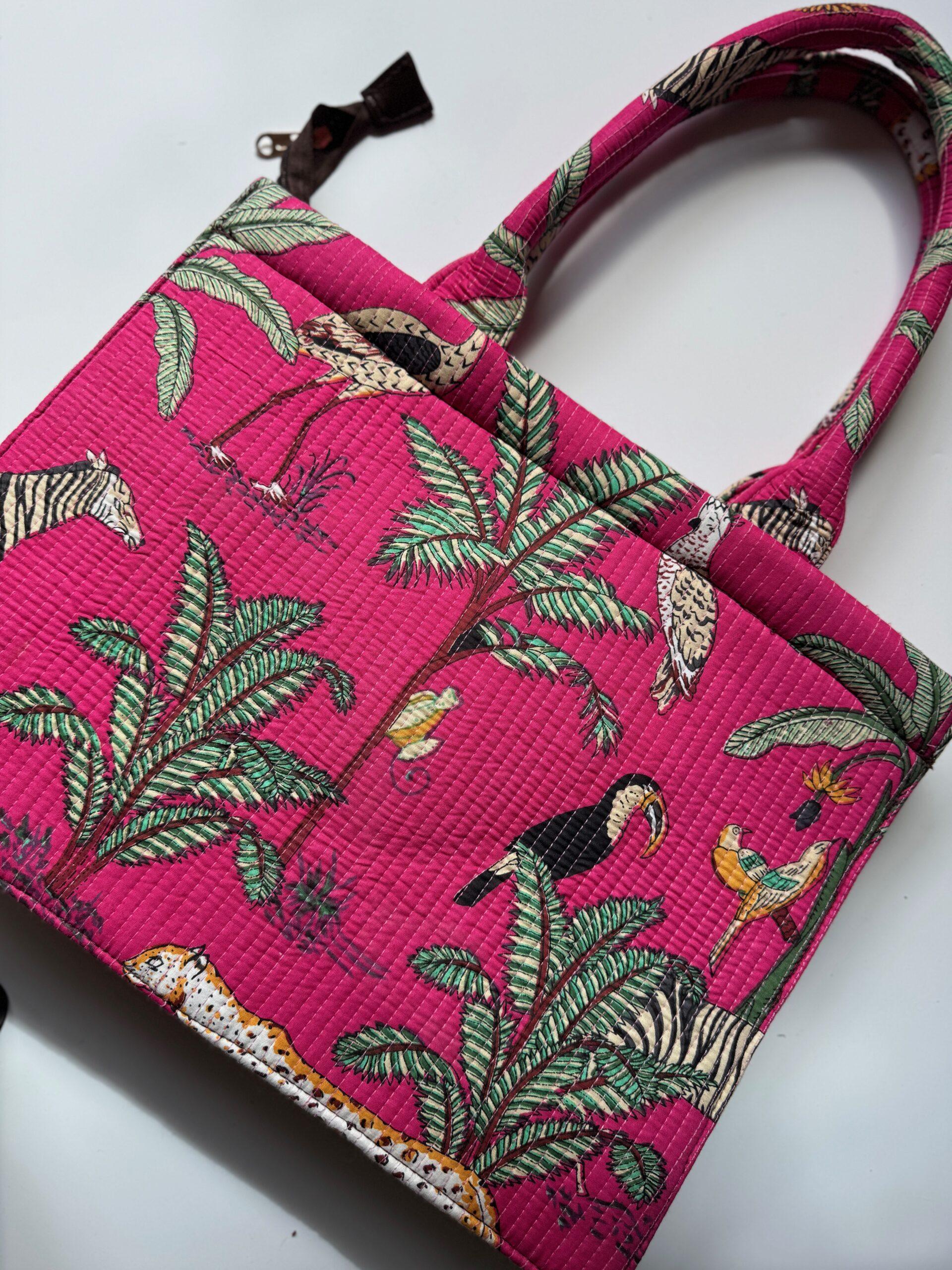 Wild Savanna Tote - Pink Jungle Print Cotton Quilted Tote Bag