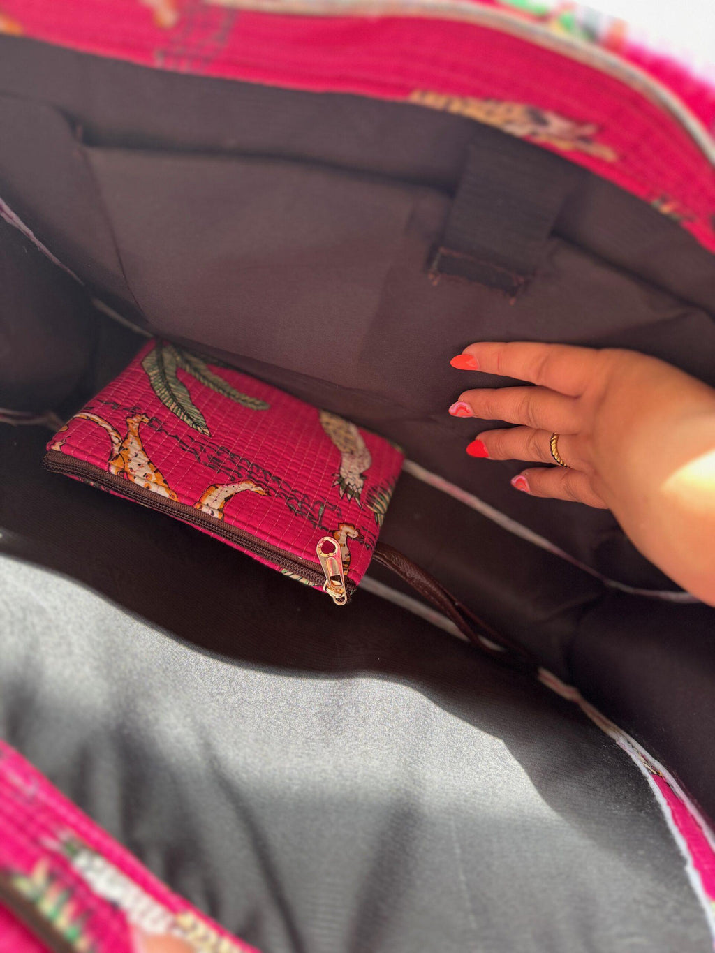 Wild Savanna Tote - Pink Jungle Print Cotton Quilted Tote Bag