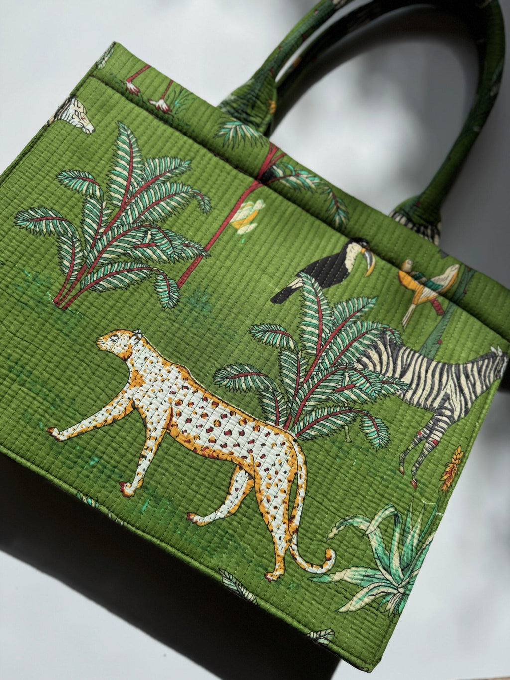 Wild Savanna Tote - Green Jungle Print Cotton Quilted Tote Bag